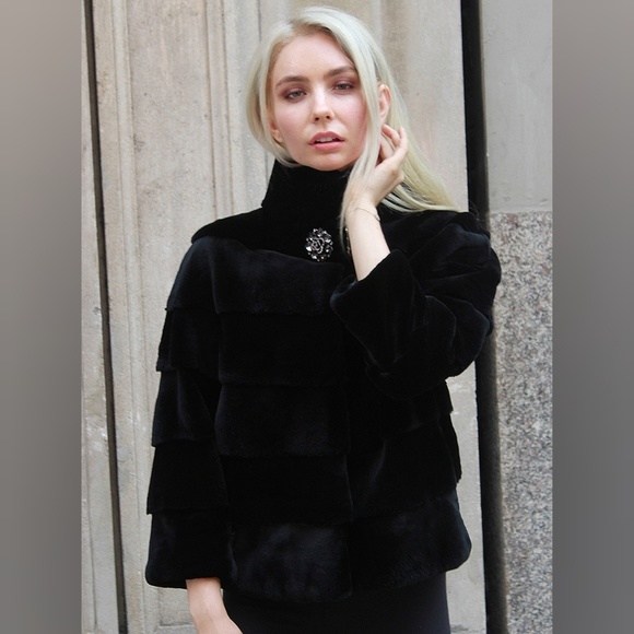 Black Sheared Rex Rabbit Fur Jacket - Picture 5 of 5